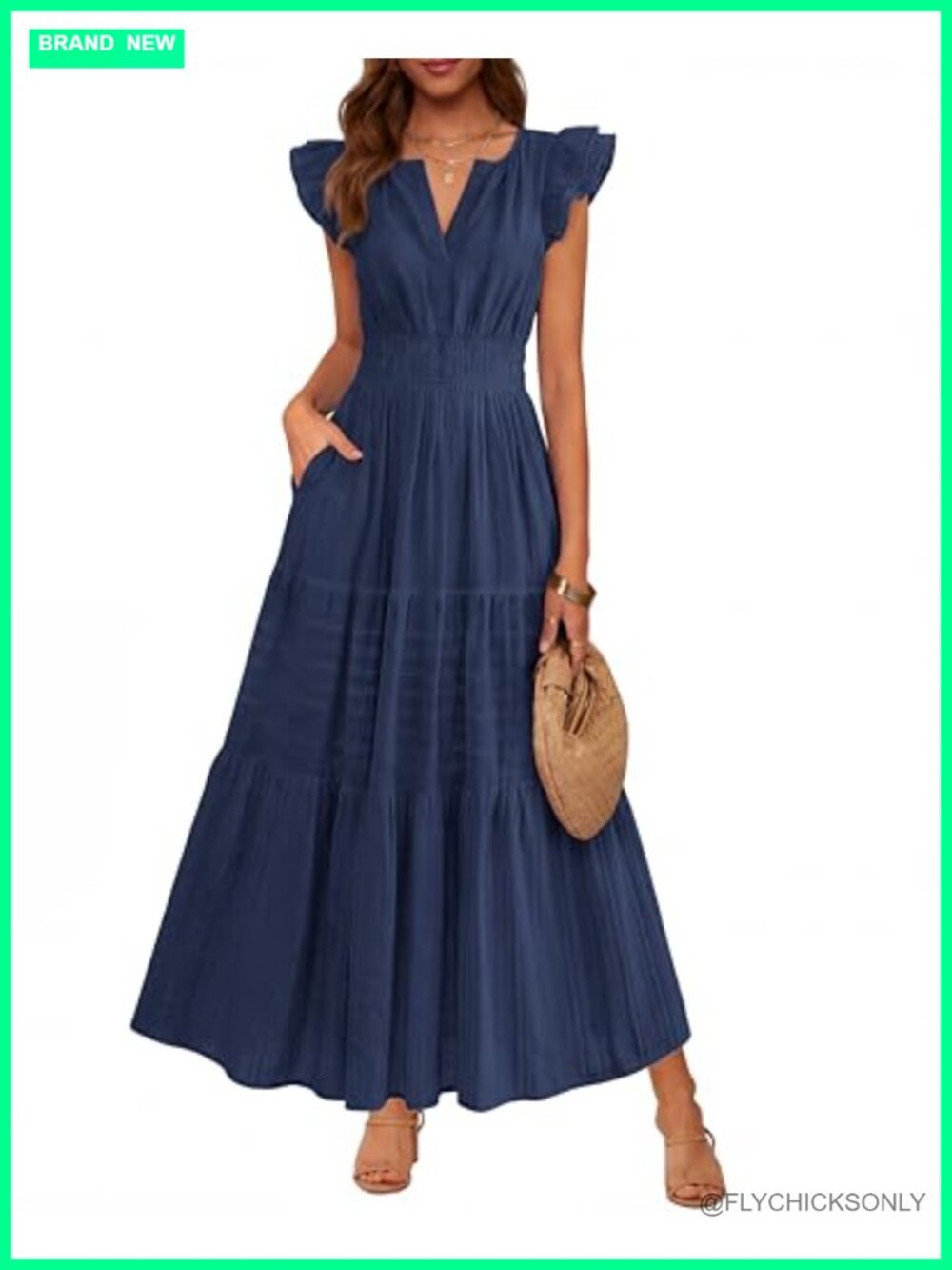 Womens Maxi Dress Ruffle Sleeve V Neck A Line Flowy Summer Casual